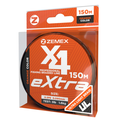 Плетеный шнур ZEMEX EXTRA X4 150 m, # 0.2 PE, d 0.074 mm, orange