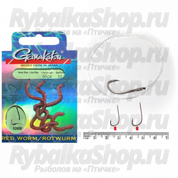 Крючок Gamakatsu BKD-5260B Red Worm 60см №6 d поводка 022 (10шт.)